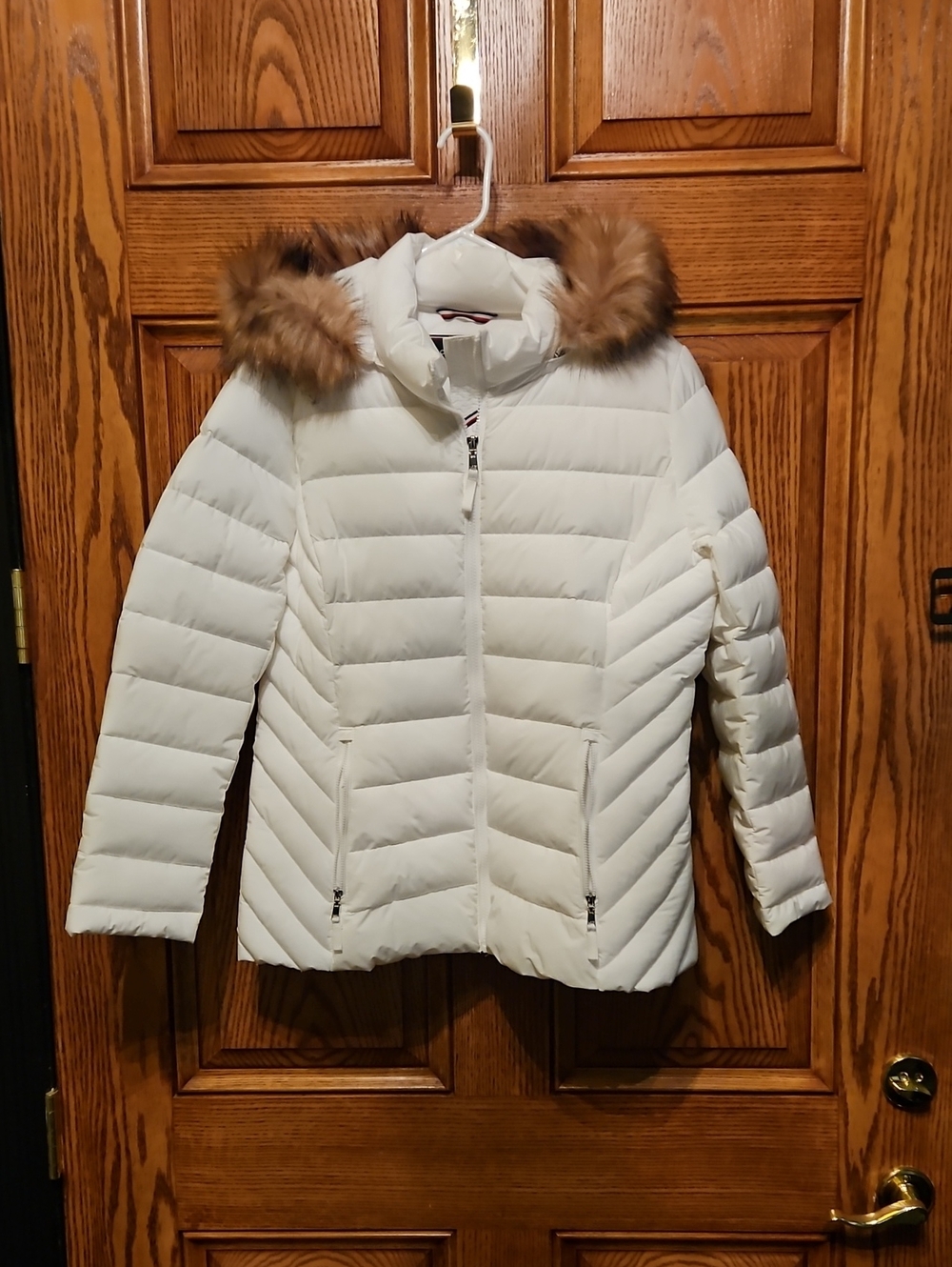 Tommy Hilfiger Cream White Puffer Jacket with Faux Fur Trim